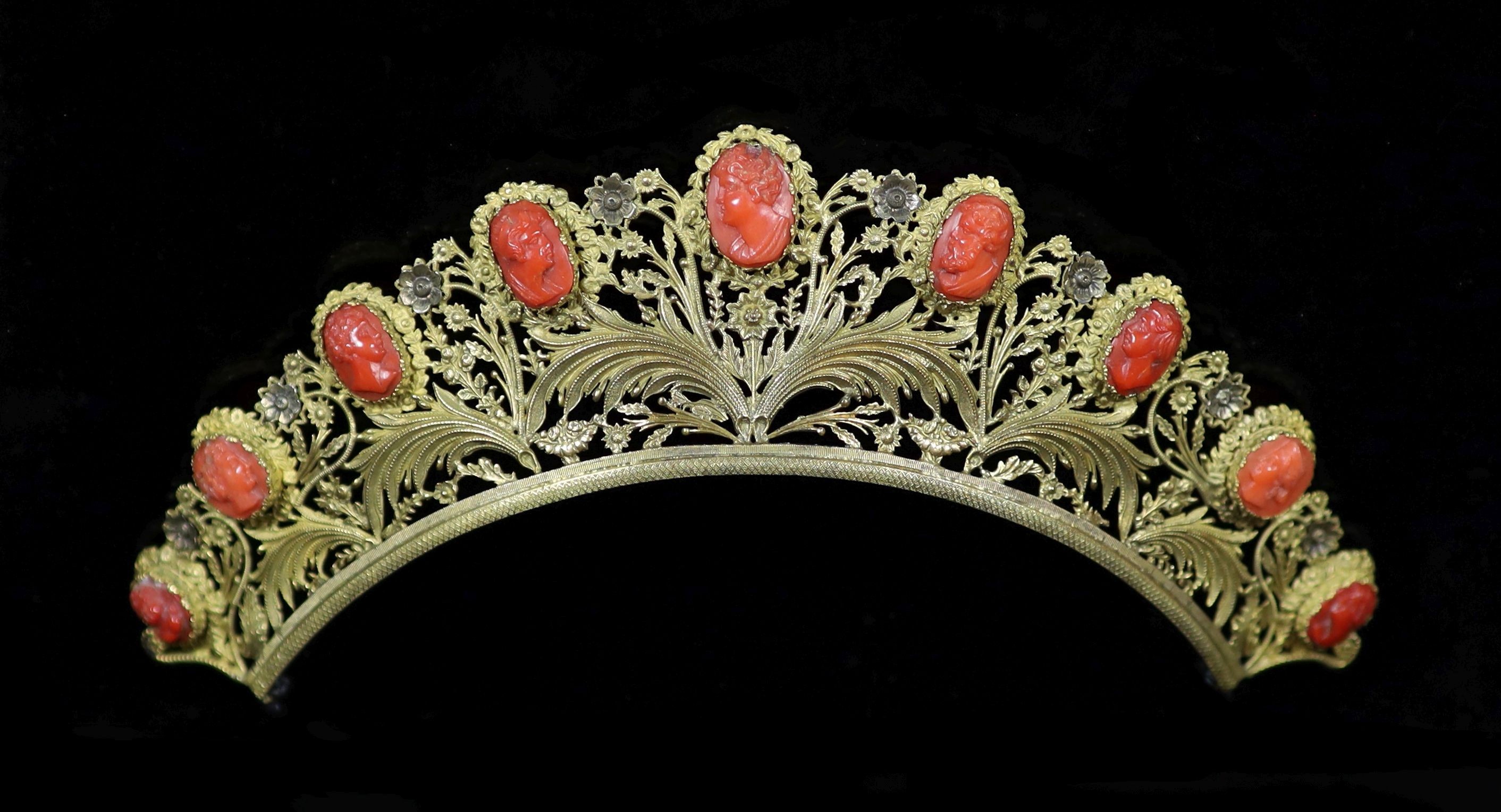 A Regency gilt metal/pinchbeck and graduated nine stone coral set tiara